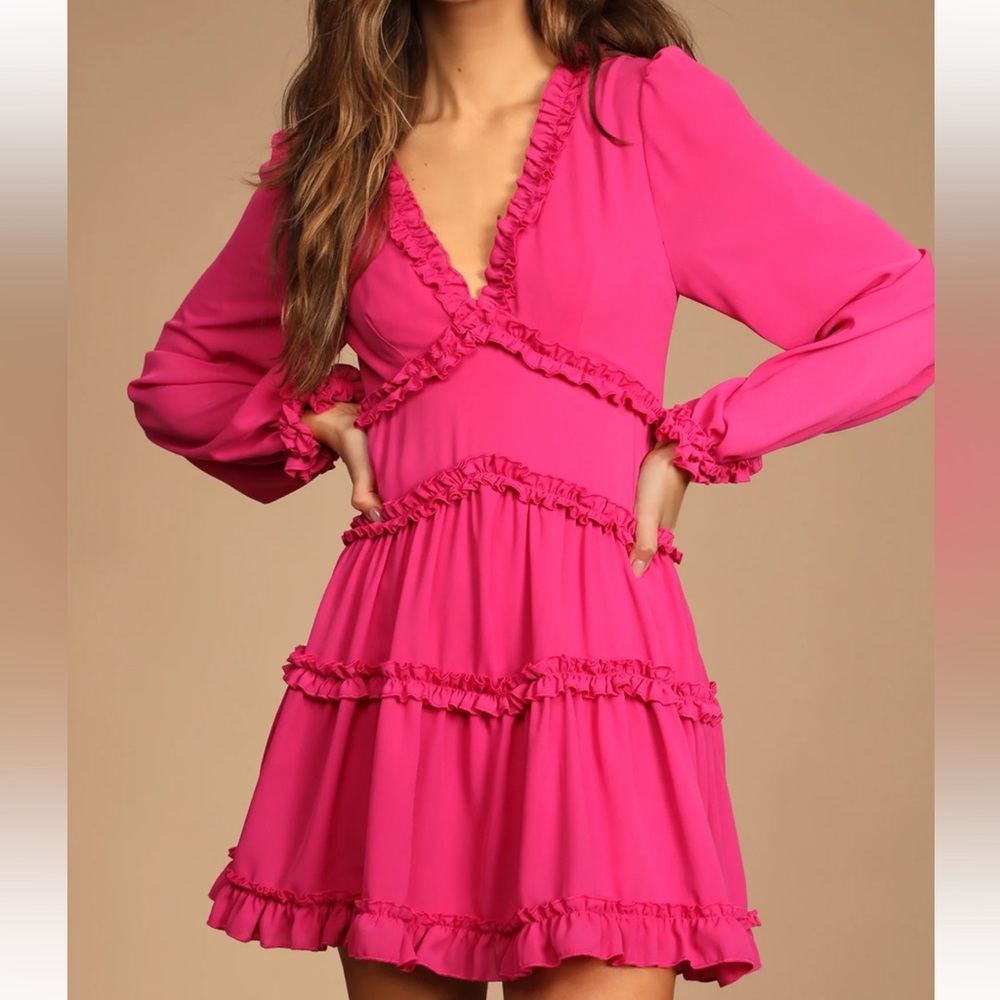 Lulus size Small Simply Darling Long Sleeve Ruffled Dress in Magenta